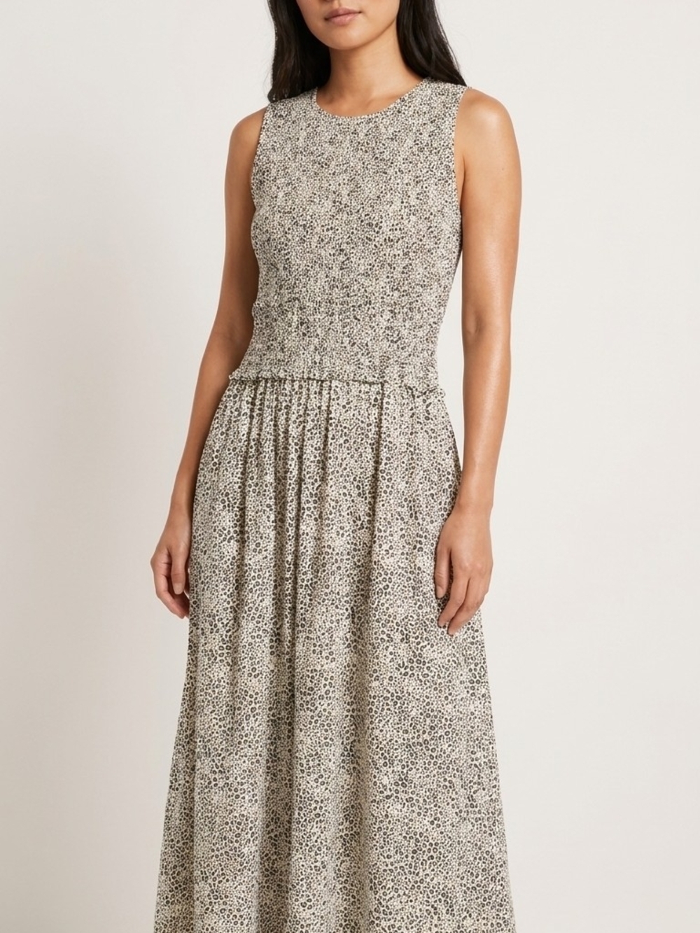 Sleeveless Printed Maxi Dress in Beige and Black